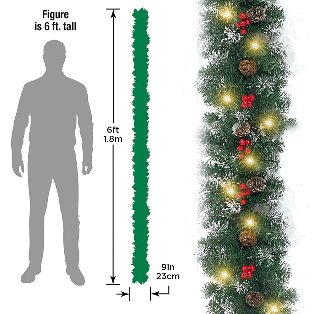 Cowin 2 Pcs 6ft Pre-Lit Christmas Garland, with 40 Waterproof LED Light and Pine Cones and Berries, Battery Operated Garland 200 Branches Christmas Decoration for Xmas Holiday & Party