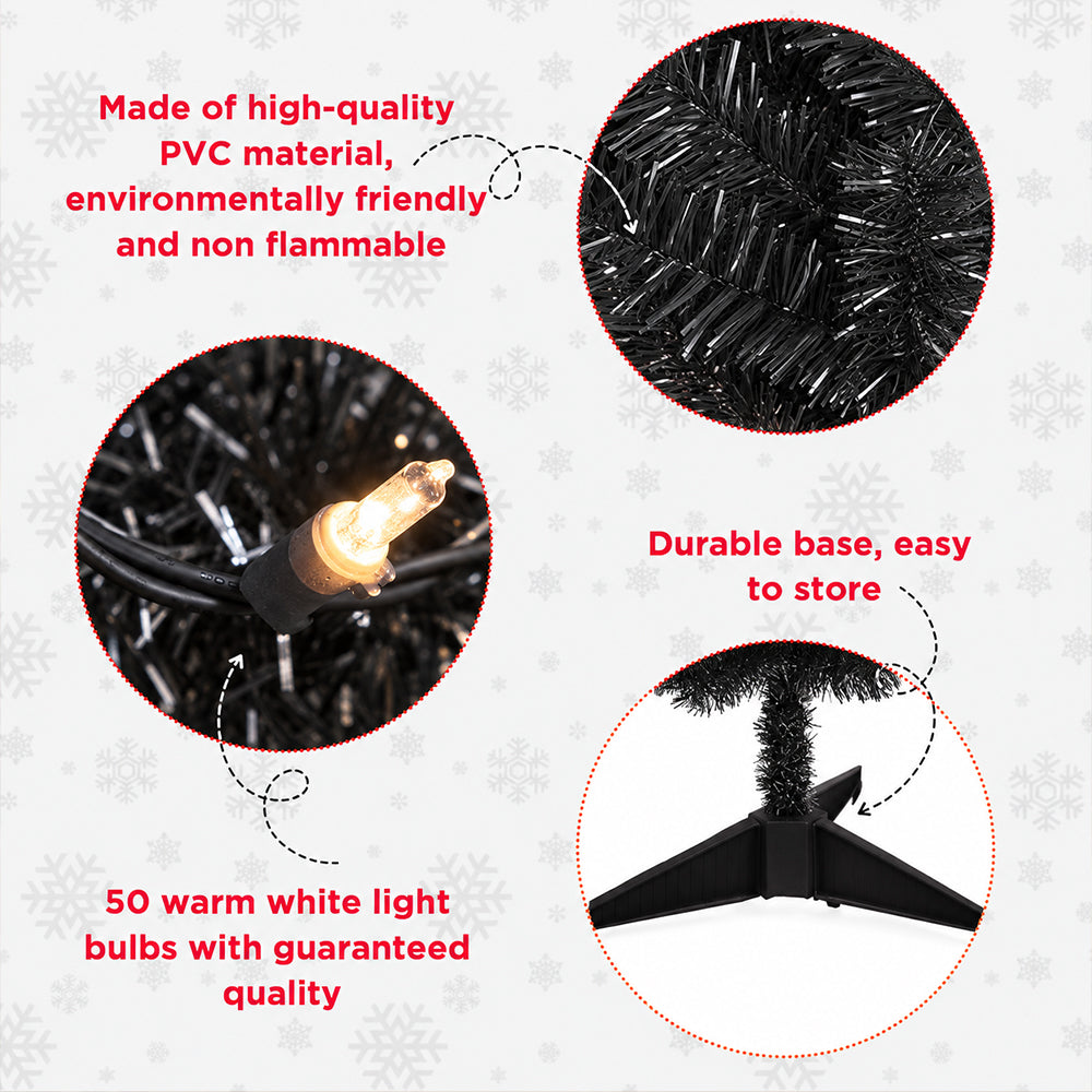 Cowin 4ft Artificial Christmas Tree,Pre-lit Tinsel Pine Spruce Tree, Small Xmas Tree for Home, Office and Party,Black