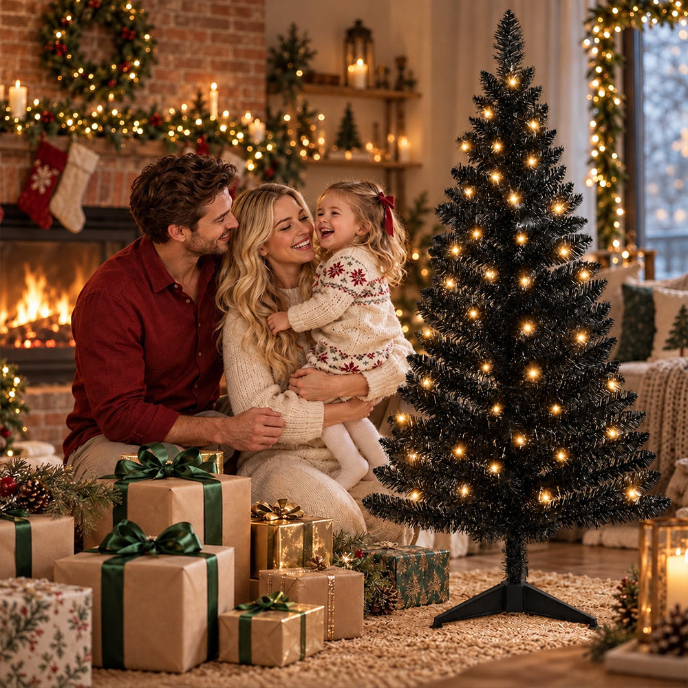 Cowin 4ft Artificial Christmas Tree,Pre-lit Tinsel Pine Spruce Tree, Small Xmas Tree for Home, Office and Party,Black