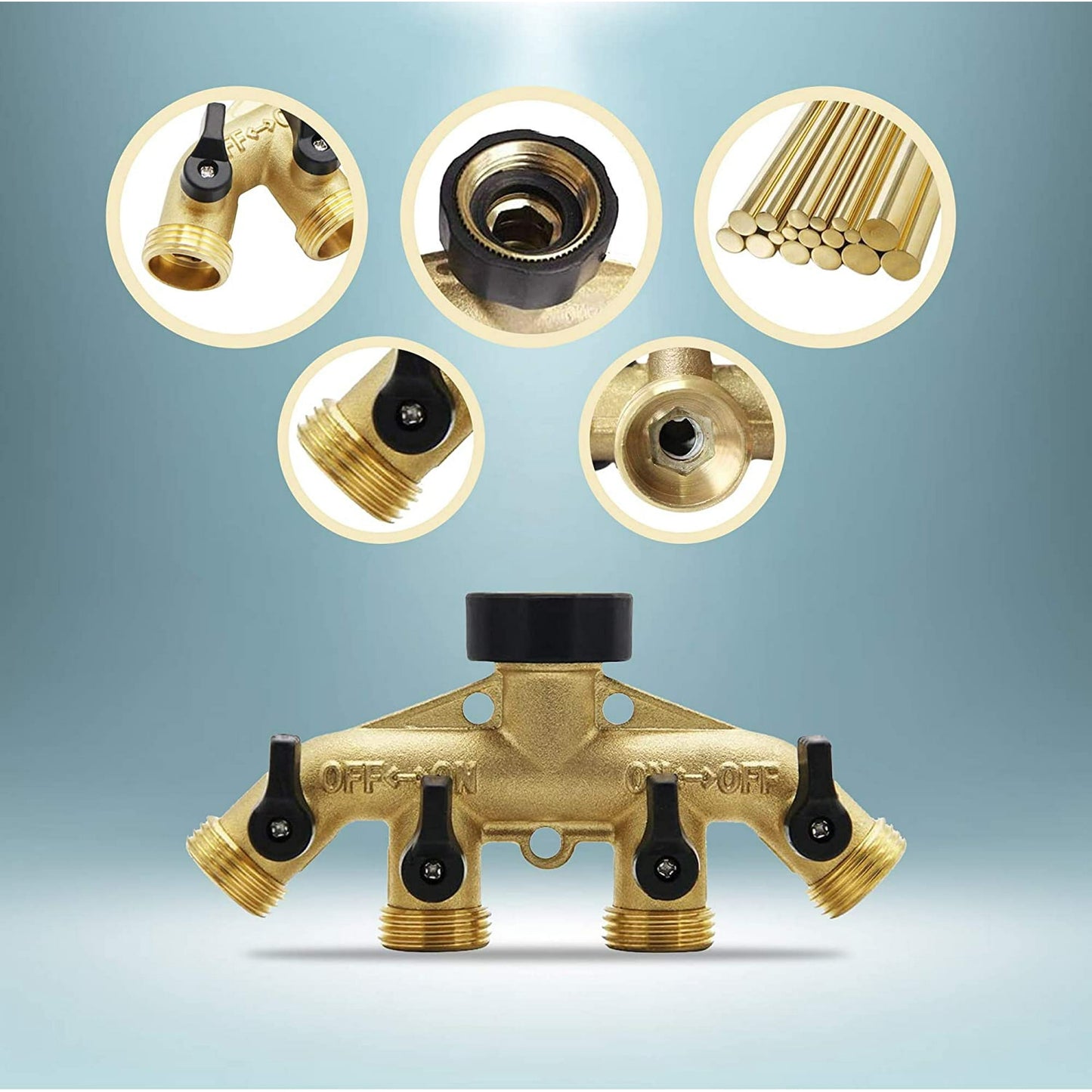 4 Way Brass Hose Splitter Aedavey Solid Brass Hose Connector 3/4" Hose Spigot Adapter Garden Hose Faucet Manifold with 4 Valves