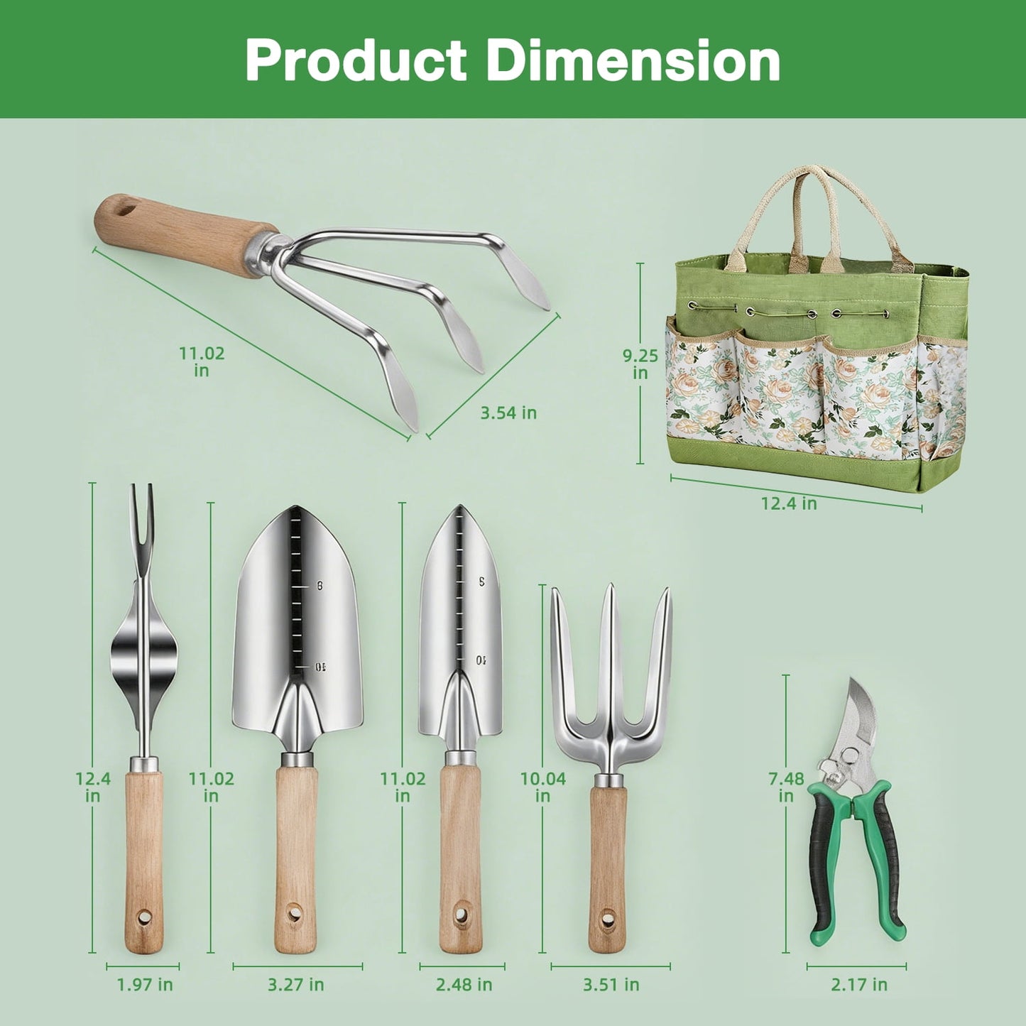 Garden Tools Set, 9 Pieces Heavy Duty Kit with Storage Bag - Rust-Proof Stainless Steel Gardening Tools, Non-Slip Ergonomic Handle, Ideal Gift for Women, Men & Gardeners