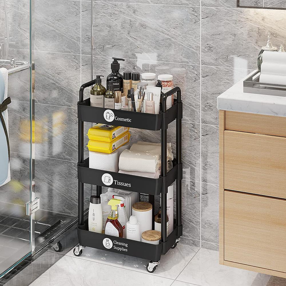 Cowin 3 Tier Metal Rolling Utility Cart with 6 Hooks, Black