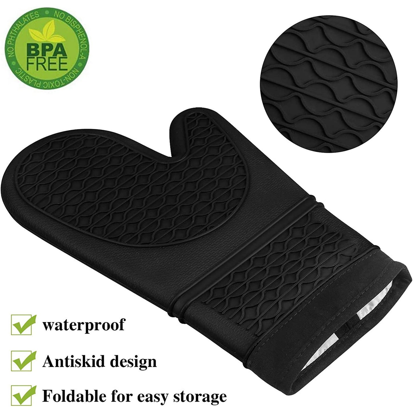 Silicone Oven Mitts Heat Resistant Oven Gloves to 446℉ Non-Slip with Quilted Liner Mitts for Cooking Baking and BBQ, Black