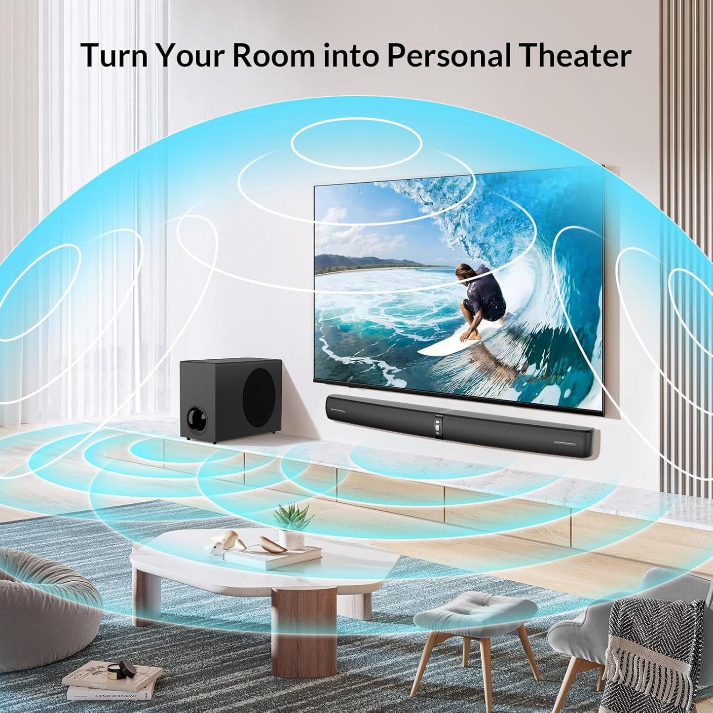 Cowin Sound Bar with Subwoofer, 110W Sound Bar for Smart TV with Adjustable Deep Bass & Volume Boost & 3 EQ Modes, Bluetooth/ARC/Opt/AUX, Detachable Soundbar for TV/PC/Gaming/Projector