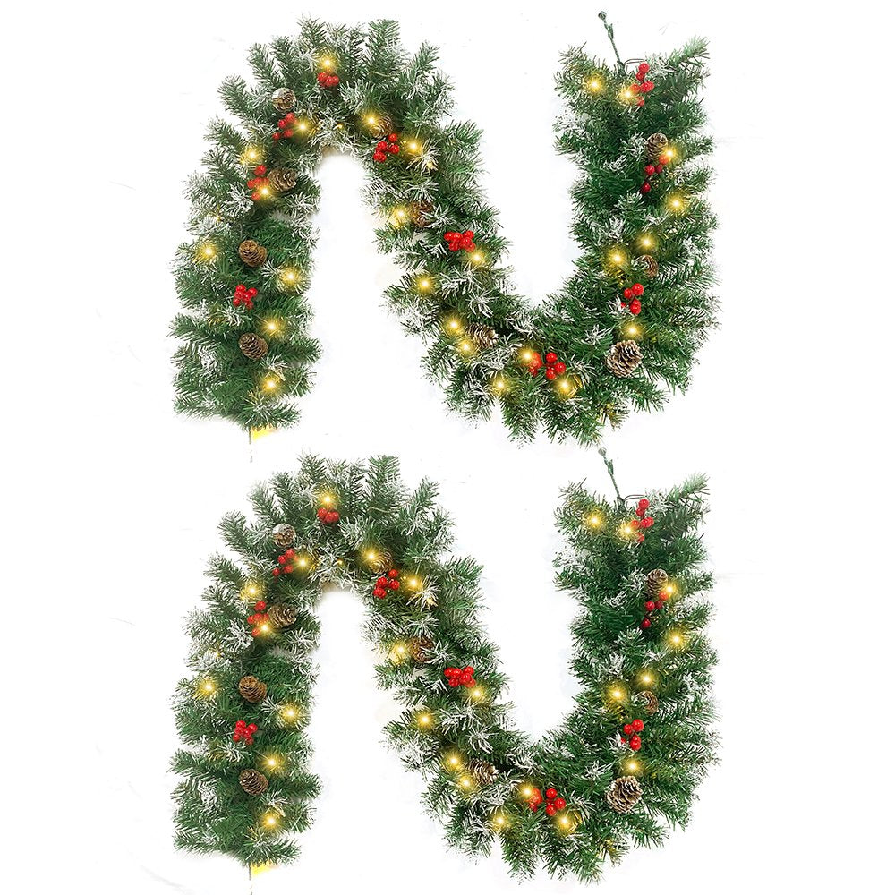 Cowin 2 Pcs 6ft Pre-Lit Christmas Garland, with 40 Waterproof LED Light and Pine Cones and Berries, Battery Operated Garland 200 Branches Christmas Decoration for Xmas Holiday & Party