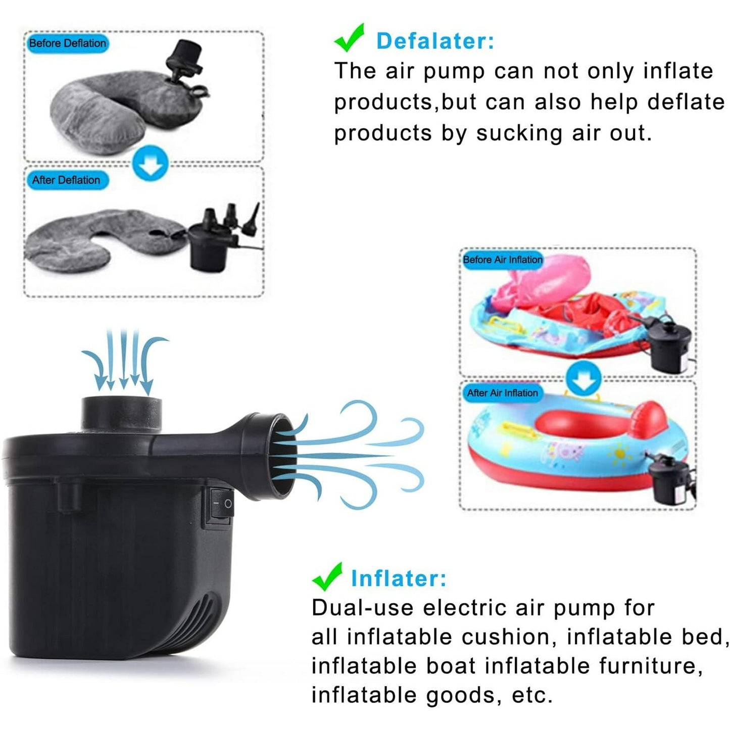 Cowin Electric Air Pump Portable Quick-Fill, 110V AC / 12V with 3 Nozzles Perfect Inflator/Deflator Pumps for Outdoor Camping, Inflatable Cushions, Air Mattress Beds, Boats, Swimming Ring, Black