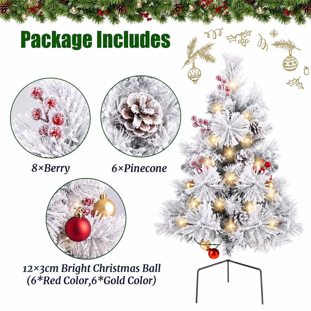 Cowin 25.1in Artificial Christmas Trees Set of 2 Pre-Lit Mini Christmas Trees with 30 LED Lights, Bright Ball, Pine, Berries for Indoor Outdoor Decor