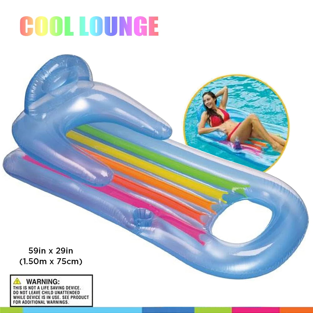 2-Piece Float Set Lounger Inflatable Pool Floats, Translucent Adult Inflatable Reclining Chair, Pedal and Cup Holder, White and Blue