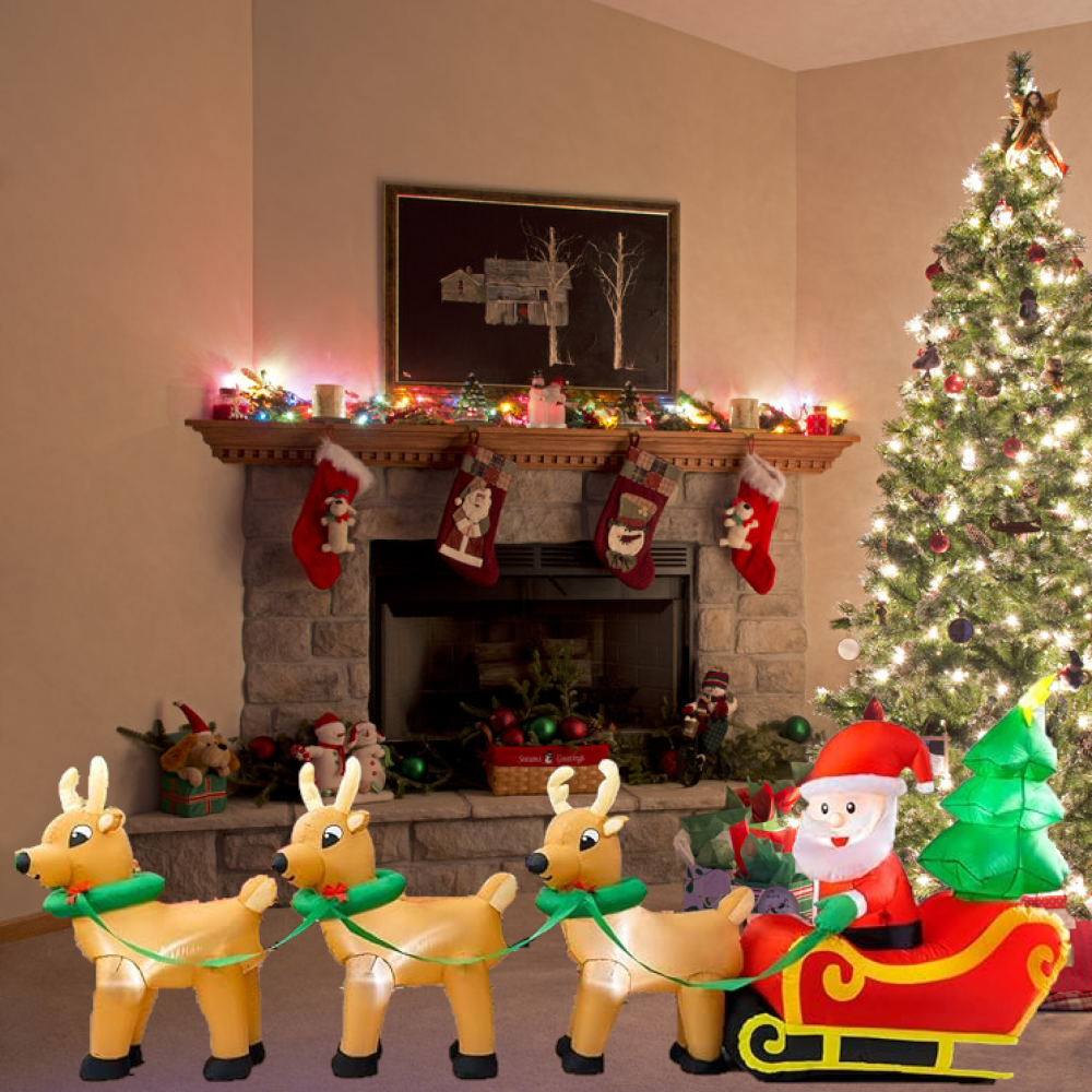 Lighted Christmas Inflatable Decoration 12 Ft Santa Claus on Sleigh with 3 Reindeer and Christmas Tree