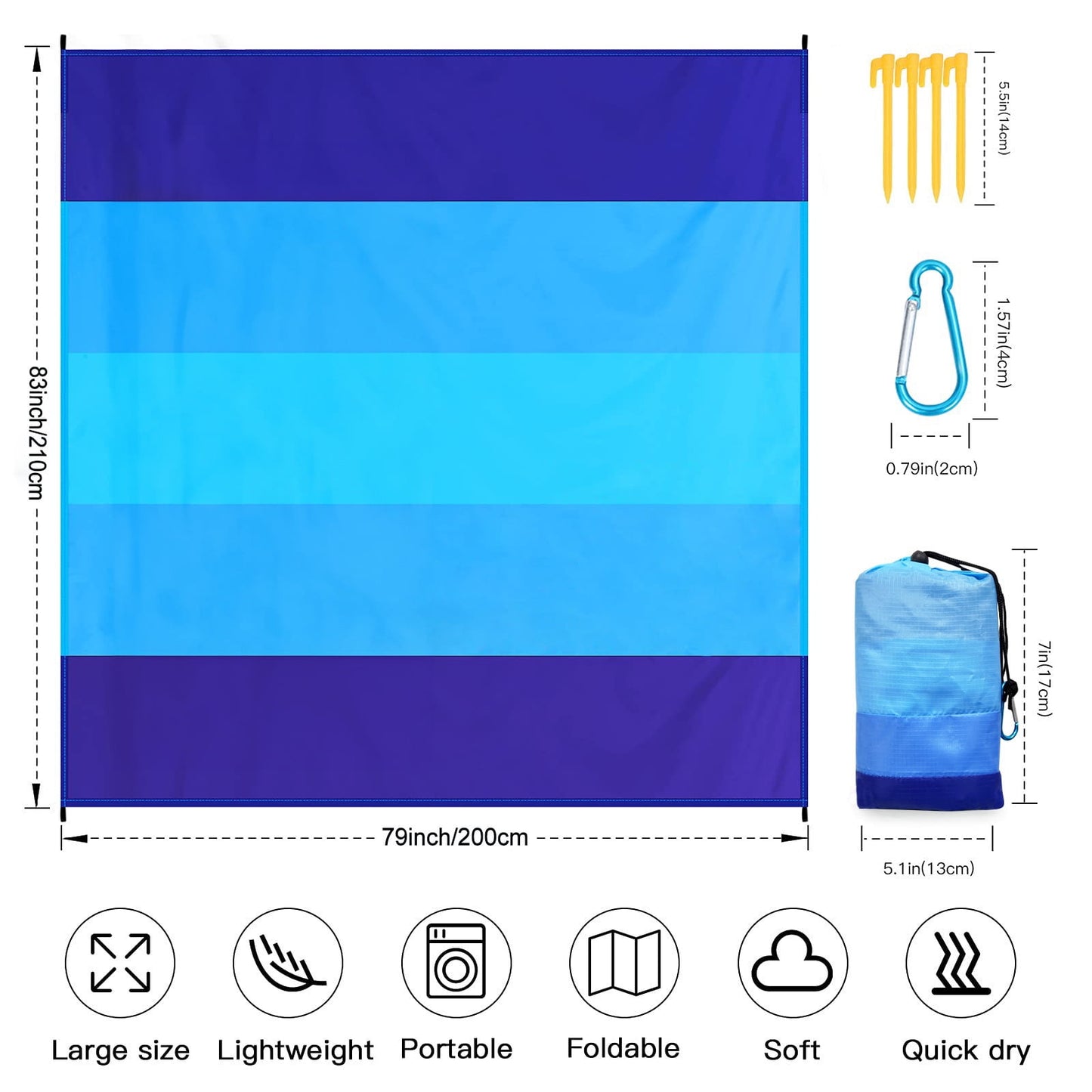 Beach Blanket 79" X 83" Lightweight Waterproof Sandproof Beach Mat Quick Drying Picnic Mat