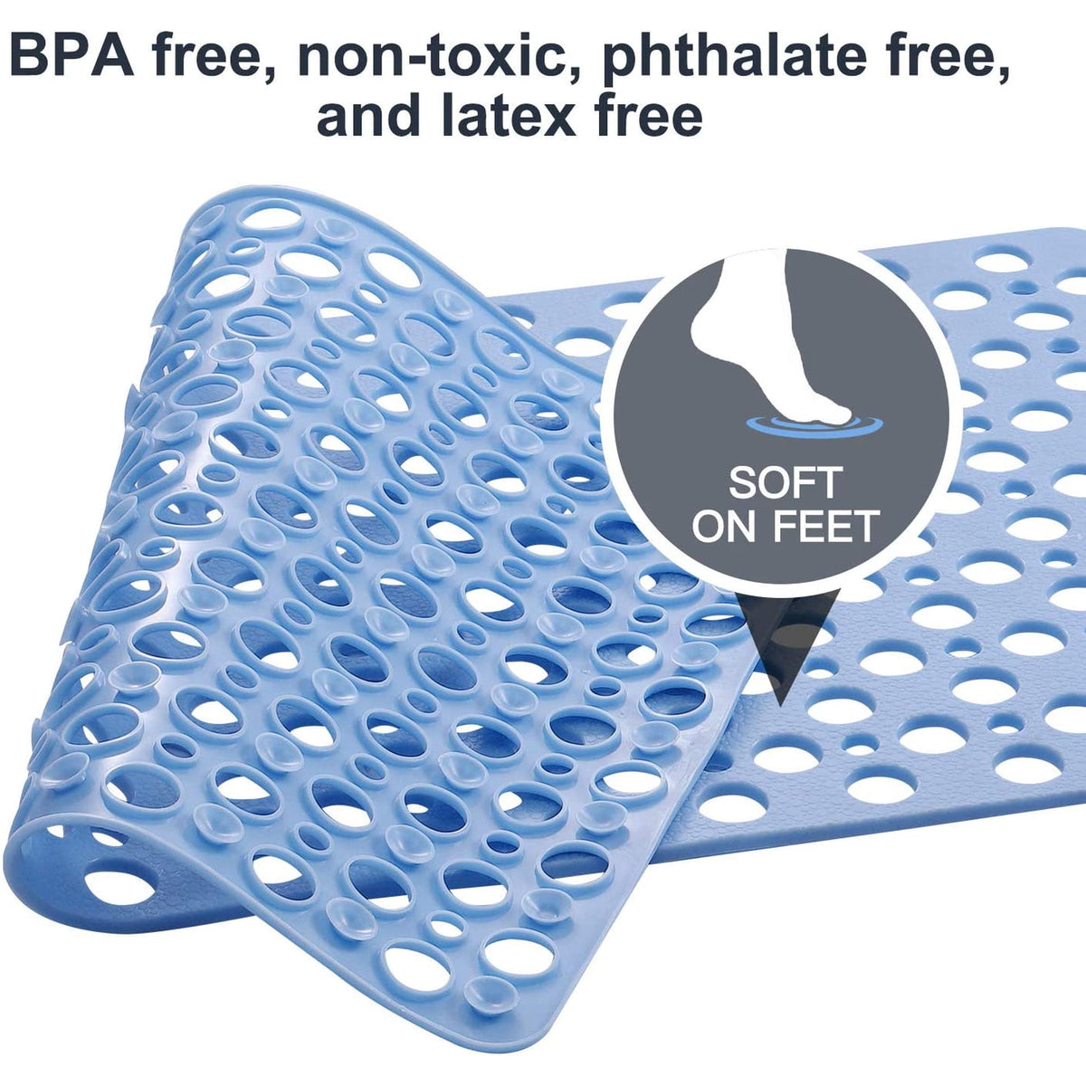Cowin Bathroom Non Slip Shower Mat, 30L x 17W Inch Super Soft PVC Bath Mat with Suction Cup, Soft Bathroom Mat with Drain Hole, Blue