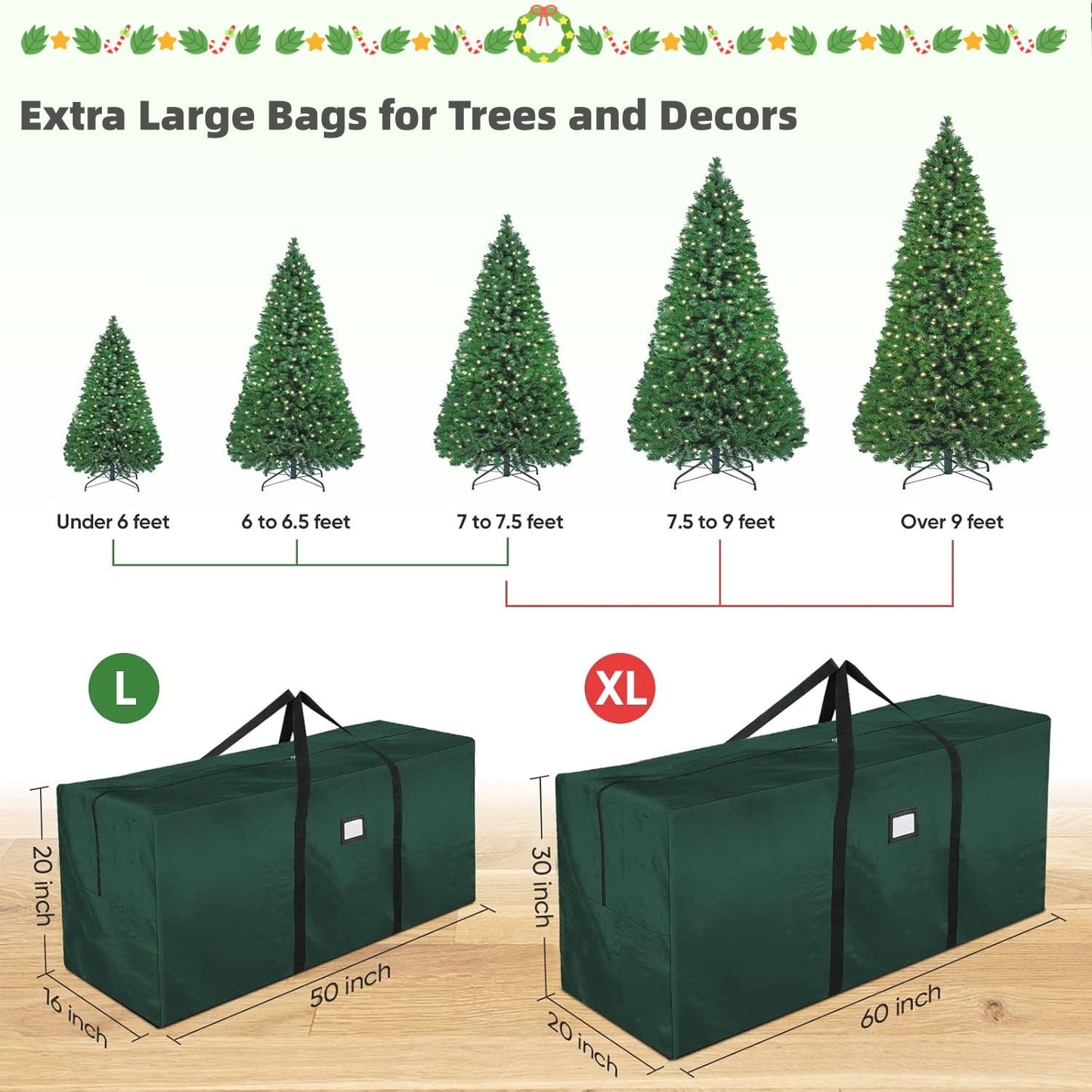 9 ft Christmas Tree Storage Bag , for Big Artificial Xmas Tree/Holiday Trees, Green (60X20X30in)