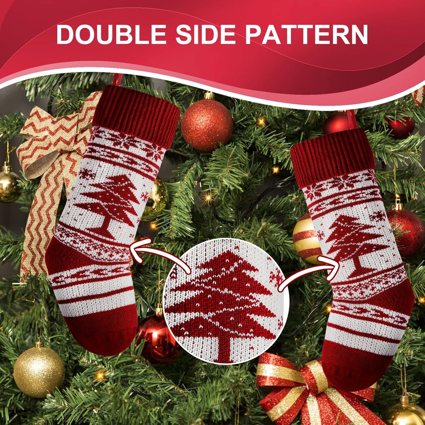 4 Pieces 18" Knit Christmas Stockings Reindeer Christmas Tree Snowflakes Knitted Stocking Christmas Ornaments Hanging Rustic Stocking Decorations Tree