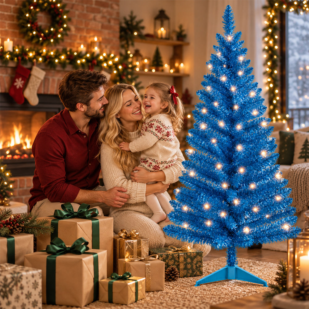 Cowin 4ft Artificial Christmas Tree,Pre-lit Tinsel Pine Spruce Tree, Small Xmas Tree for Home, Office and Party,Blue