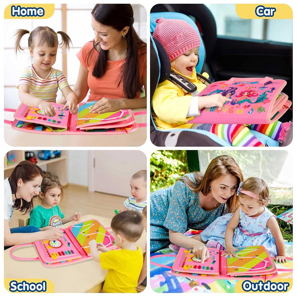 Cowin Busy Board Montessori Toys for Toddler Girls Birthday Gifts, Busy Book Learning Toy for toddlers 1-4, Educational Learning Toy for Airplane Car Travel, Pink