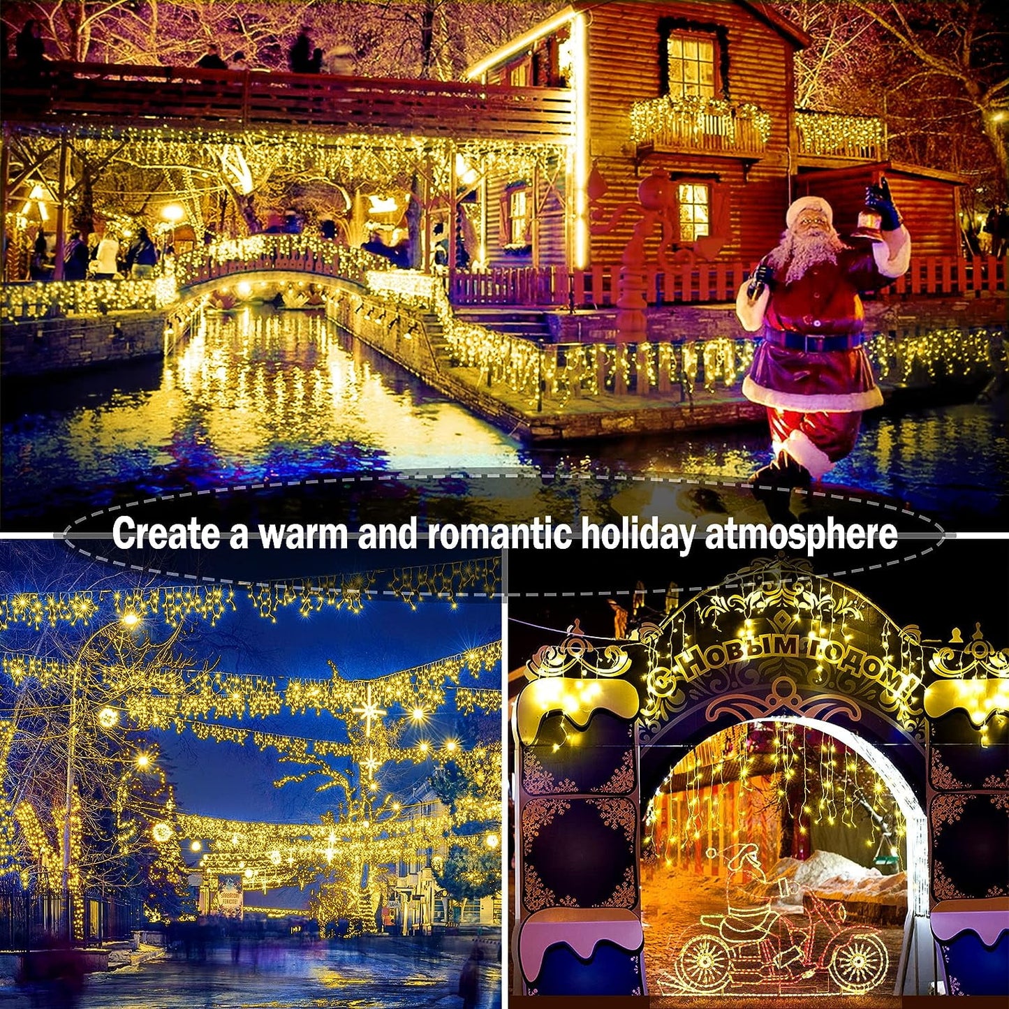 Icicle Christmas Lights Outdoor Decorations, 400 LED 33ft 8 Modes Curtain Fairy String Light with 75 Drops, Warm White