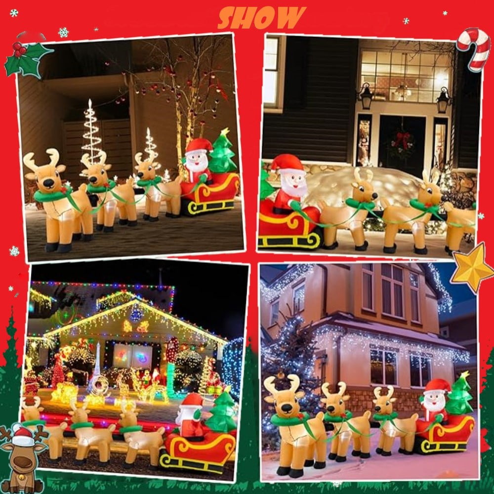 Lighted Christmas Inflatable Decoration 12 Ft Santa Claus on Sleigh with 3 Reindeer and Christmas Tree