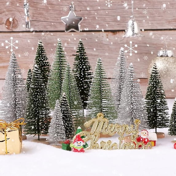 Cowin 30 Pcs Mini Christmas Trees Decor, Artificial Christmas Tree 5 Sizes with Wooden Base for Christmas Decor Christmas Party Home Table Craft Decorations (Silver+Green)