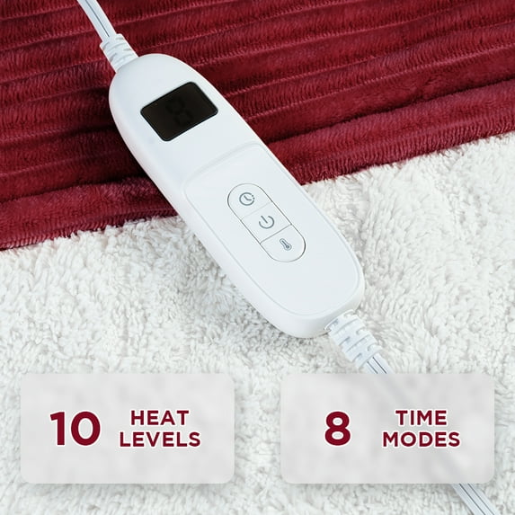 COWIN Electric Blanket Full Size, Brushed Flannel+Cotton Fleece, 10 Heating Levels and 1-8 Hour Automatic Shutdown, Machine Washable, Red, 72 "x 84"