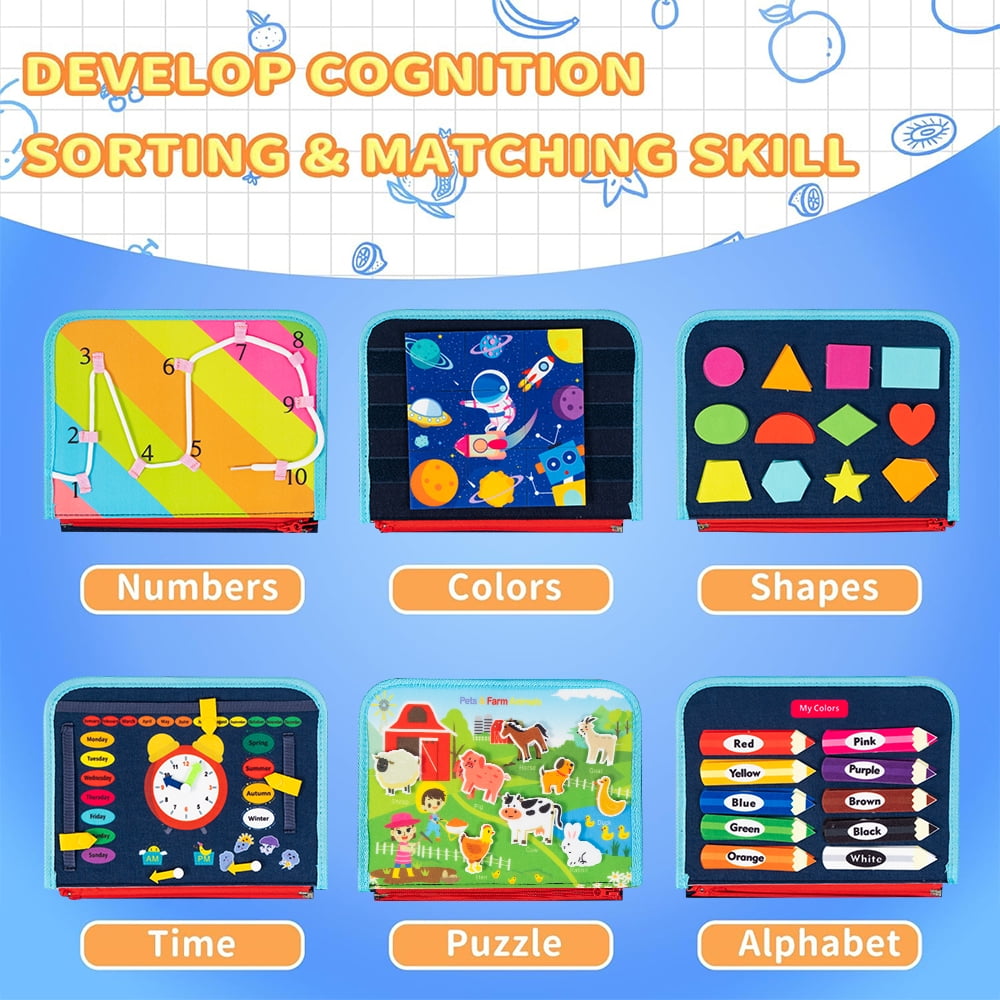 Cowin Busy Board Montessori Toys for Toddler Boy Birthday Gifts, Busy Book Learning Toys for Toddlers 1-4, Educational Learning Toy for Airplane Car Travel, Blue