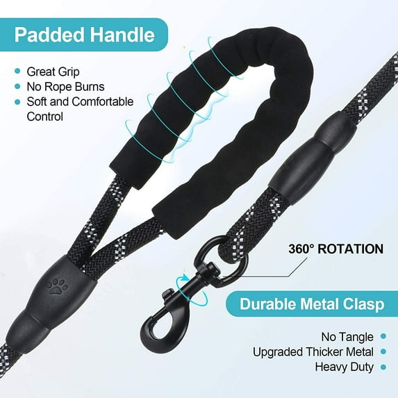 Rope Dog Leash 6.5 ft with Comfortable Padded Handle, Highly Reflective Threads Strong Dog Leash for Puppies Small Medium and Large Dogs
