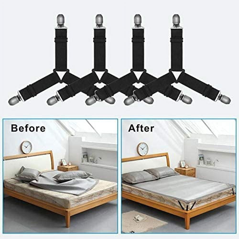 Adjustable Bed Sheet Holder Straps, Triangle Non-Slip Elastic Mattress Corner Clips with Heavy Duty Grippers Clips (Set of 4)