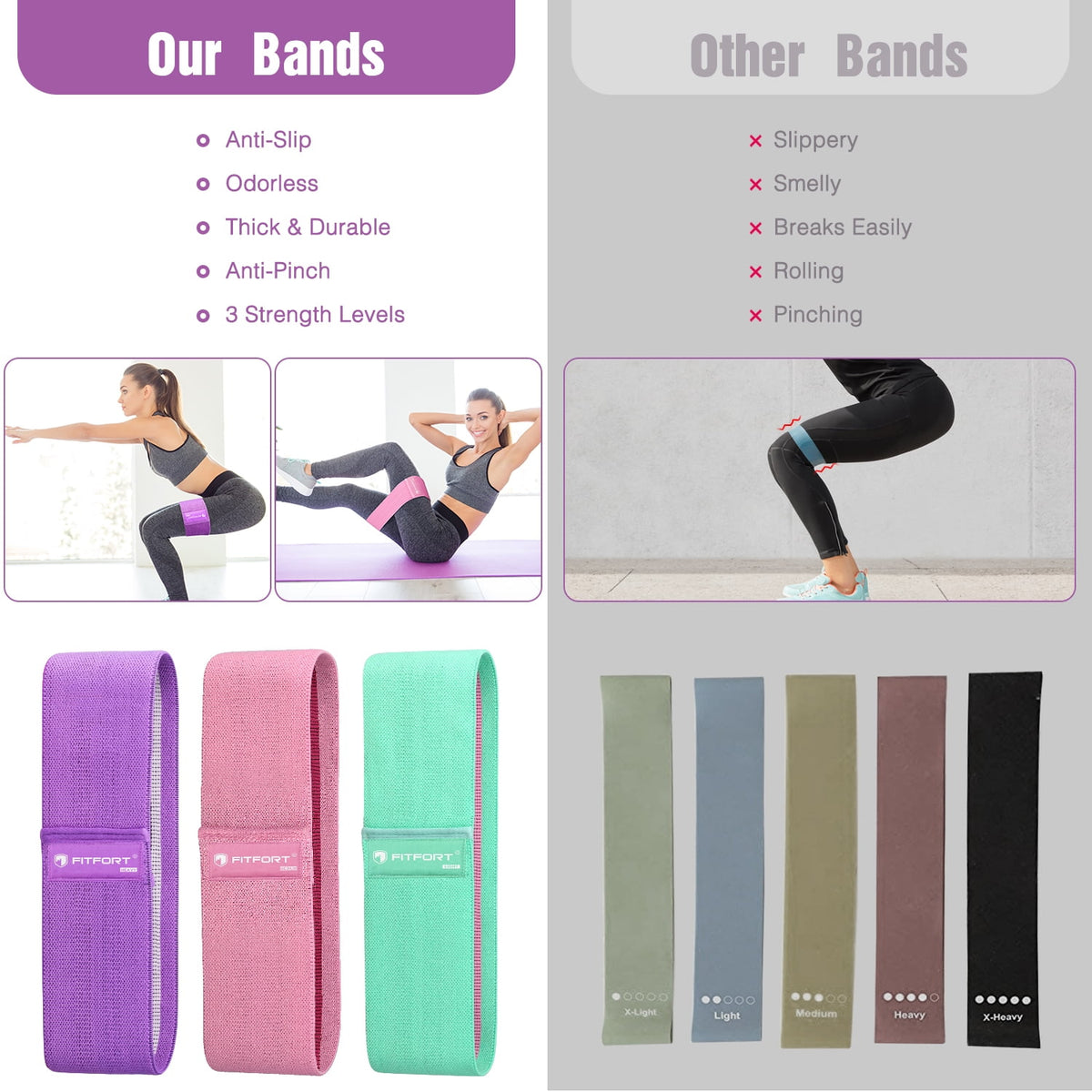 Cowin Resistance Bands for Legs and Butt Exercise Bands - Non Slip Elastic Booty Bands, 3 Levels Workout Bands Women Sports Fitness Band for Squat Glute Hip Training