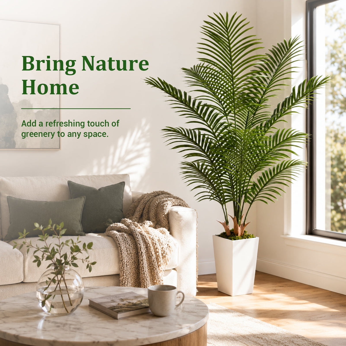 Cowin 6FT Artificial Palm Tree, Fake Tree with White Tall Planter, Faux Tropical Areca Floor Plant in Pot