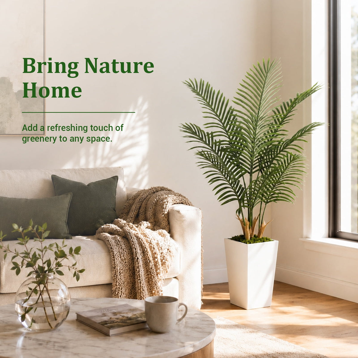 Cowin 5FT Artificial Palm Tree, Fake Tree with White Tall Planter, Faux Tropical Areca Floor Plant in Pot