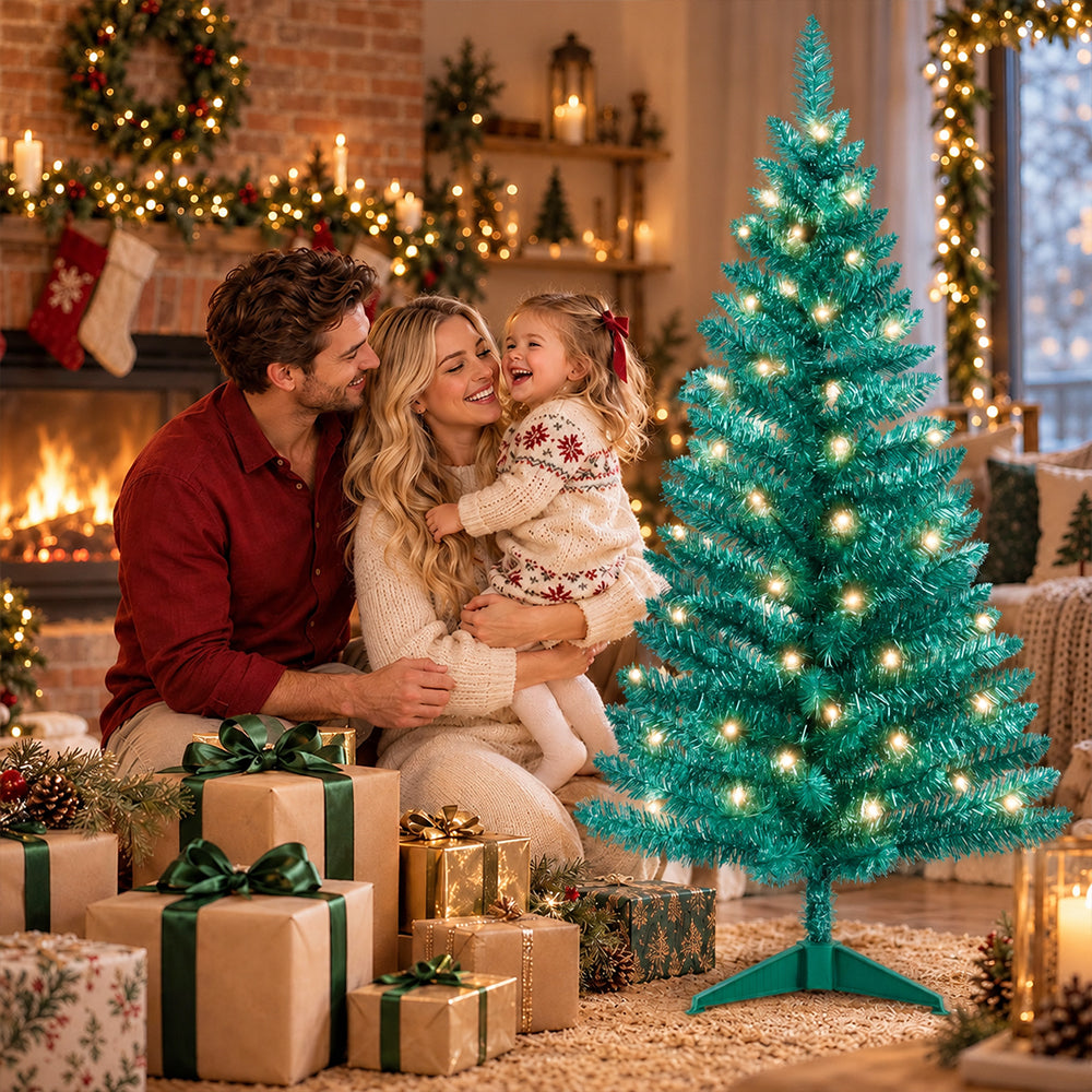 Cowin 4ft Artificial Christmas Tree,Pre-lit Tinsel Pine Spruce Tree, Small Xmas Tree for Home, Office and Party,Green