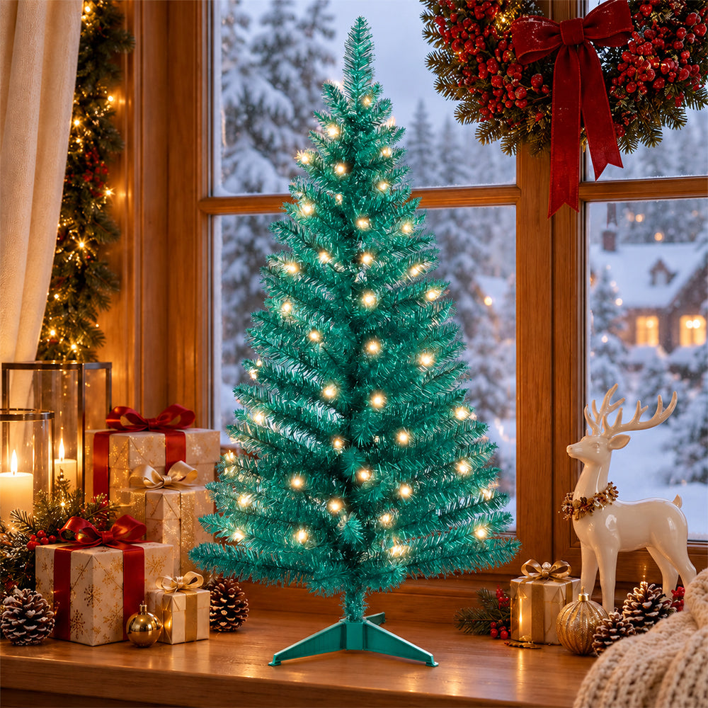 Cowin 4ft Artificial Christmas Tree,Pre-lit Tinsel Pine Spruce Tree, Small Xmas Tree for Home, Office and Party,Green