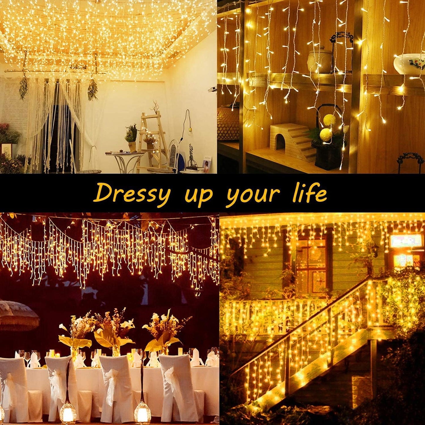 Icicle Christmas Lights Outdoor Decorations, 400 LED 33ft 8 Modes Curtain Fairy String Light with 75 Drops, Warm White