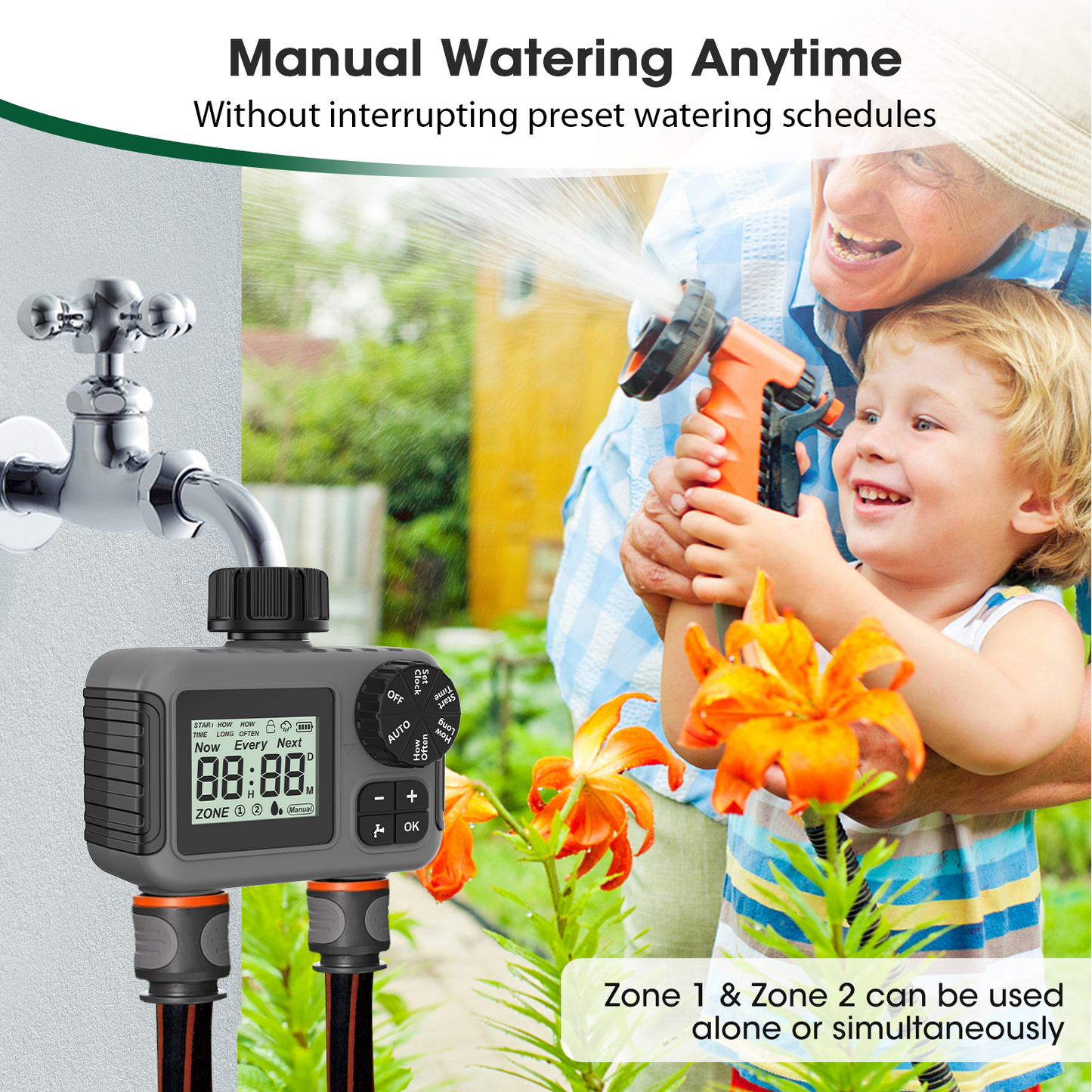 Cowin Sprinkler Timer 2 Outlet, Outdoor Garden Hose Faucet Timers with Rain Delay/Manual/Automatic Watering System, Digital Irrigation Timer for Yard, Gray