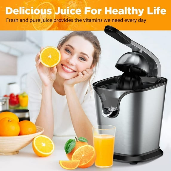 Electric Citrus Juicer for Orange Lemon Lime Grapefruit Juice, 150W Squeezer with Soft Rubber Grip, Stainless Steel Filter and Anti-drip Spout Lock - Silver
