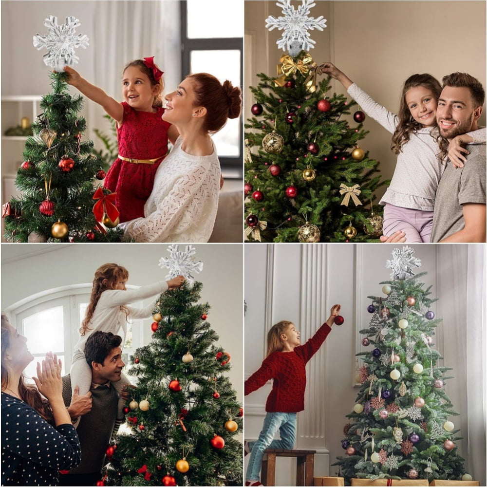 Christmas Tree Topper, 9.6” Snowflake Tree Toppers Lighted Indoor with Rotating 3D Silver Snowflake LED Projector Hollow Glitter Lighted for Tree Christmas Decorations Holiday Ornaments