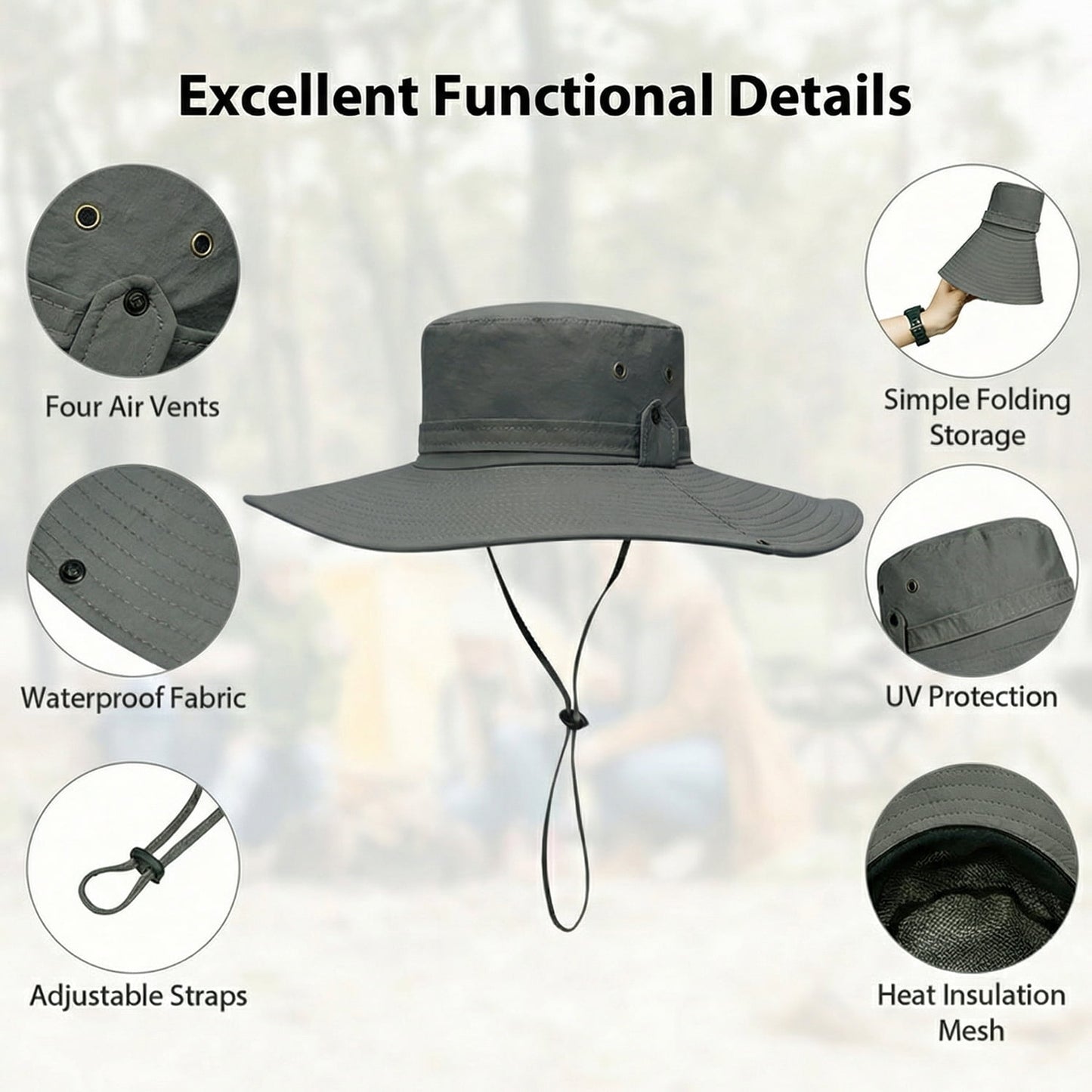 Cowin Sun Hat for Men Sun Protection Wide Brim Bucket Hat Waterproof Breathable Packable Boonie Hat for Fishing Grey