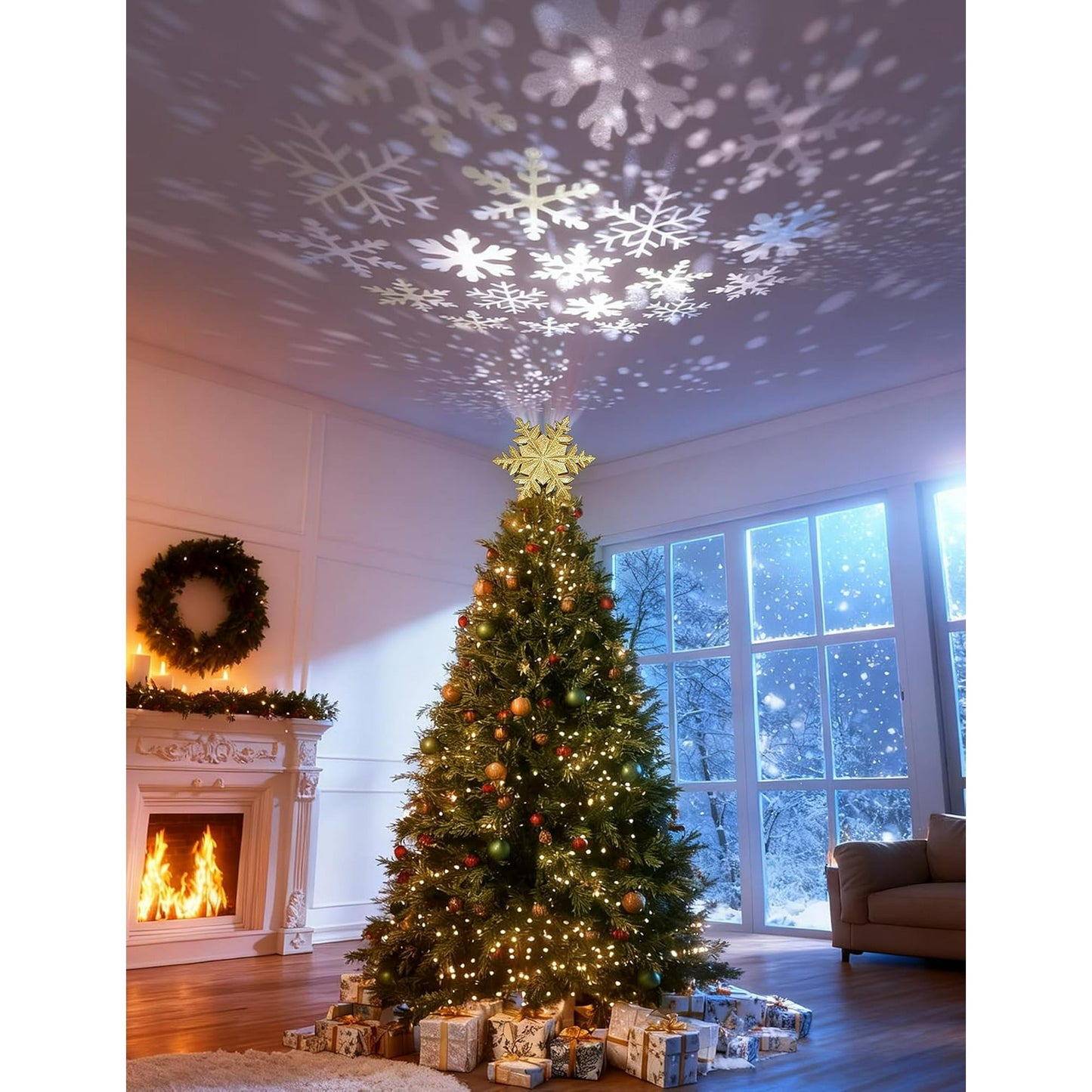 Christmas Tree Topper Lighted with Snowflake Projector, LED Rotating 3D Glitter Tree Topper for Christmas Tree, Christmas Decorations Lights