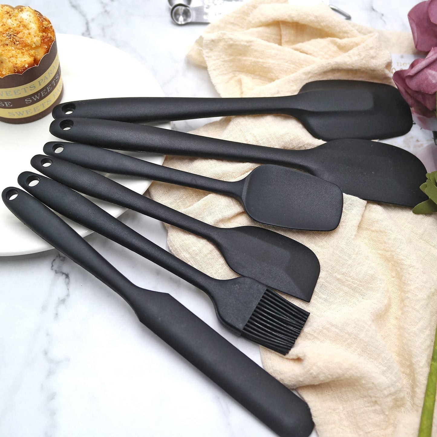 Silicone Spatula Set of 6, Heat Resistant Silicone Spatula Kitchen Utensils for Cooking , Nonstick Cookware Dishwasher, Black