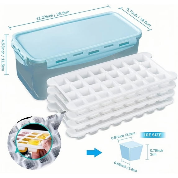 Cowin Silicone Ice Cube Tray with Lid, 4-Piece Mold for Big Ice Balls & Square Cubes, Blue