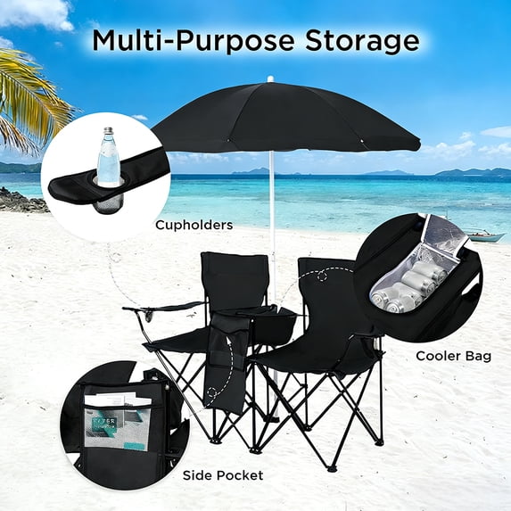 Cowin Outdoor Foldable Picnic Double Chair ,Camping Chairs with Umbrella Camping Double Portable Chairs Folding Beach Chair with Insulation Bag,Backpacking Black