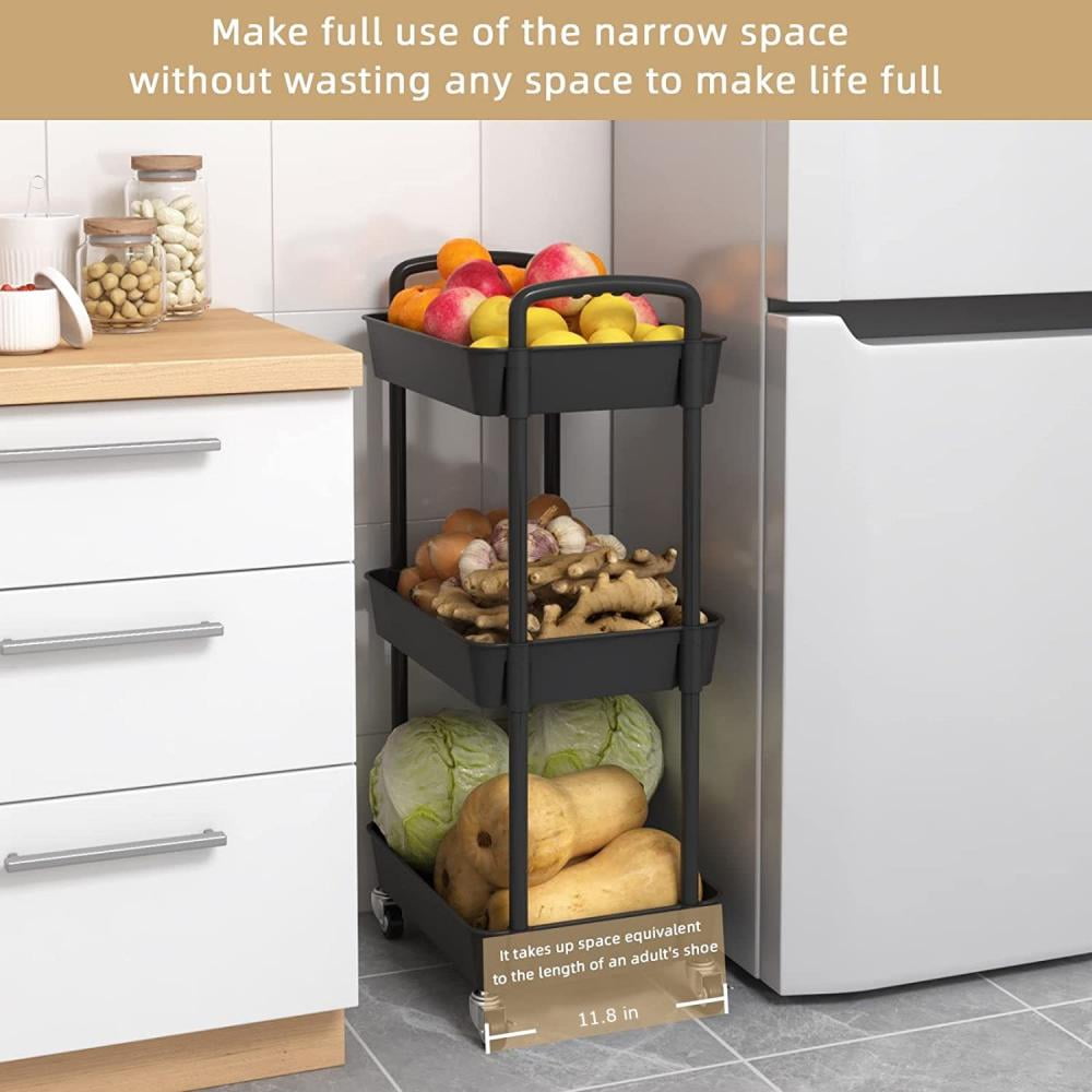 Cowin 3 Tier Metal Rolling Utility Cart with 6 Hooks, Black