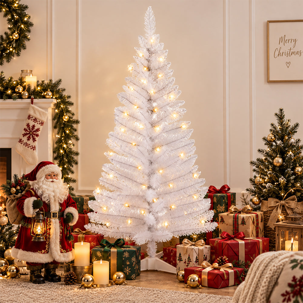 Cowin 4ft Artificial Christmas Tree,Pre-lit Tinsel Pine Spruce Tree, Small Xmas Tree for Home, Office and Party,White