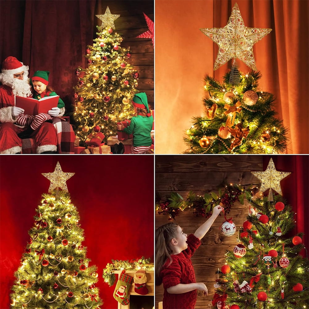 Cowin Christmas Star Tree Topper, Lighted Christmas Tree Topper, Hollow Gold Lighted Tree Star, LED Light up Xmas Tree Topper with 30 LE