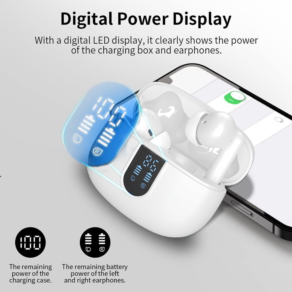 Wireless Earbuds Bluetooth Headphones, with LED Display Charging Case, Waterproof In-Ear Earphones with Mic for iPhone /Android /PC /Laptop, White