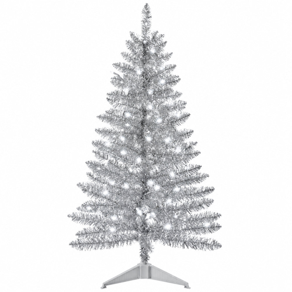 Cowin 4ft Artificial Christmas Tree,Pre-lit Tinsel Pine Spruce Tree, Small Xmas Tree for Home, Office and Party,Sliver