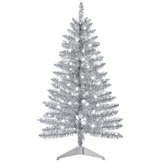 Cowin 4ft Artificial Christmas Tree,Pre-lit Tinsel Pine Spruce Tree, Small Xmas Tree for Home, Office and Party,Sliver
