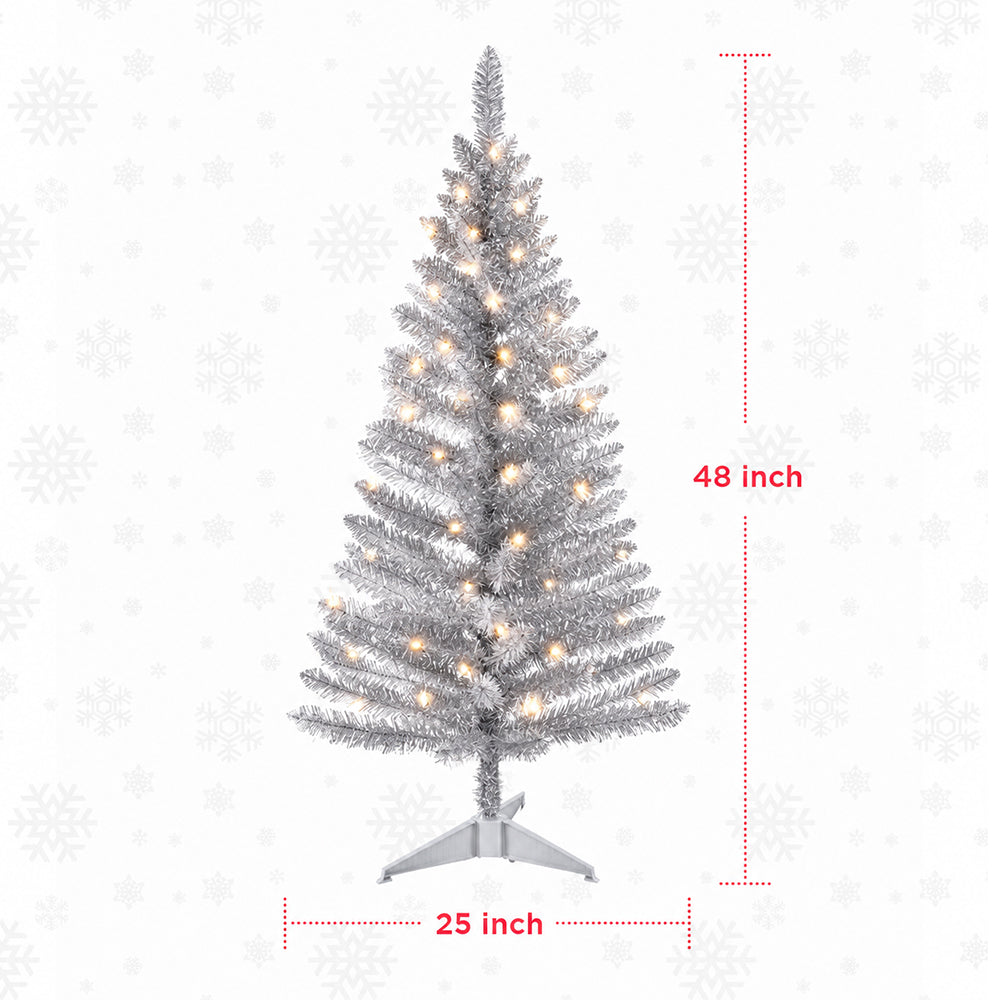 Cowin 4ft Artificial Christmas Tree,Pre-lit Tinsel Pine Spruce Tree, Small Xmas Tree for Home, Office and Party,Sliver