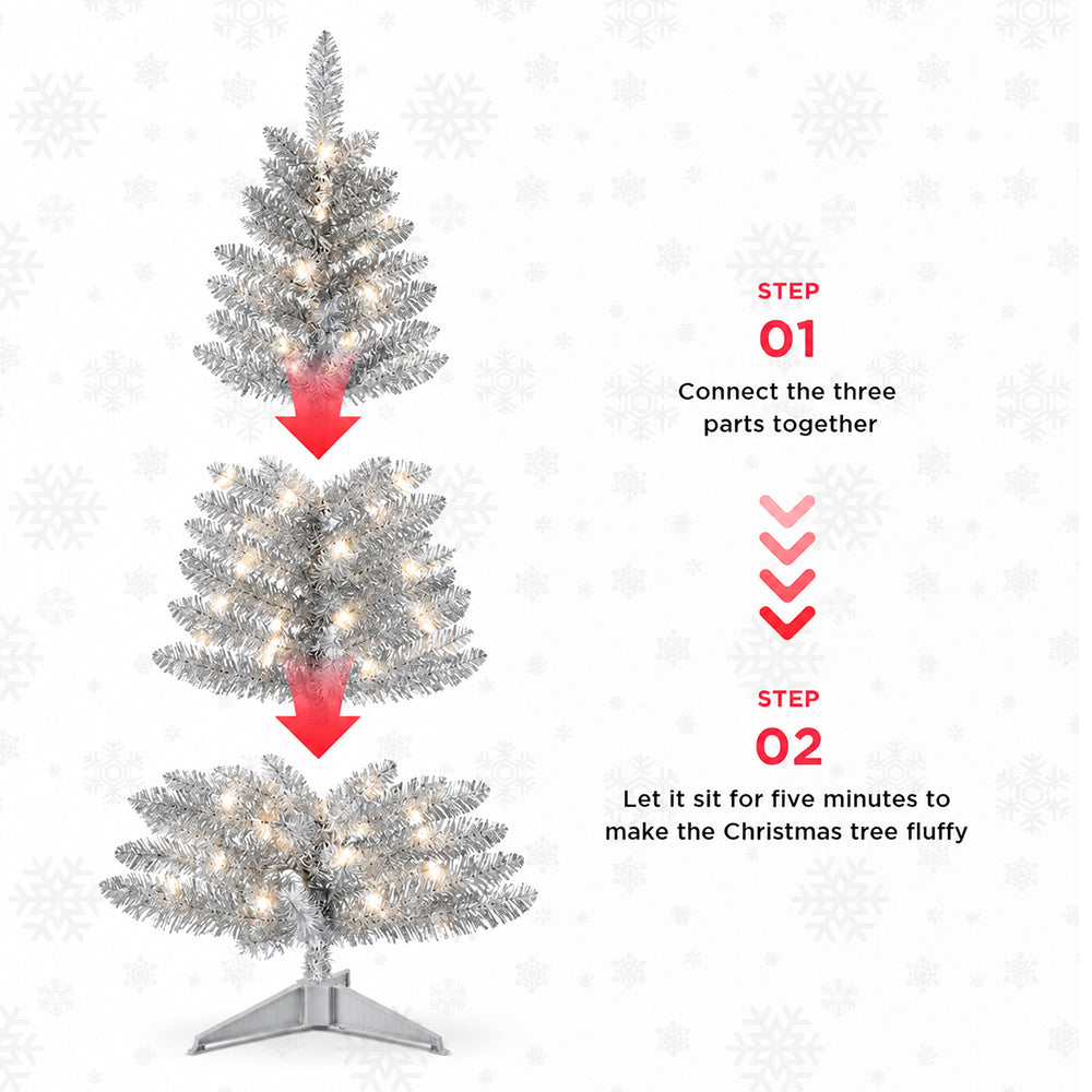 Cowin 4ft Artificial Christmas Tree,Pre-lit Tinsel Pine Spruce Tree, Small Xmas Tree for Home, Office and Party,Sliver