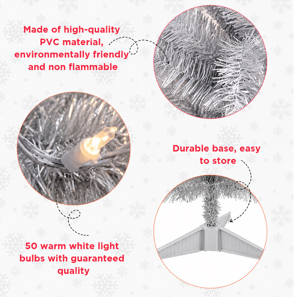 Cowin 4ft Artificial Christmas Tree,Pre-lit Tinsel Pine Spruce Tree, Small Xmas Tree for Home, Office and Party,Sliver