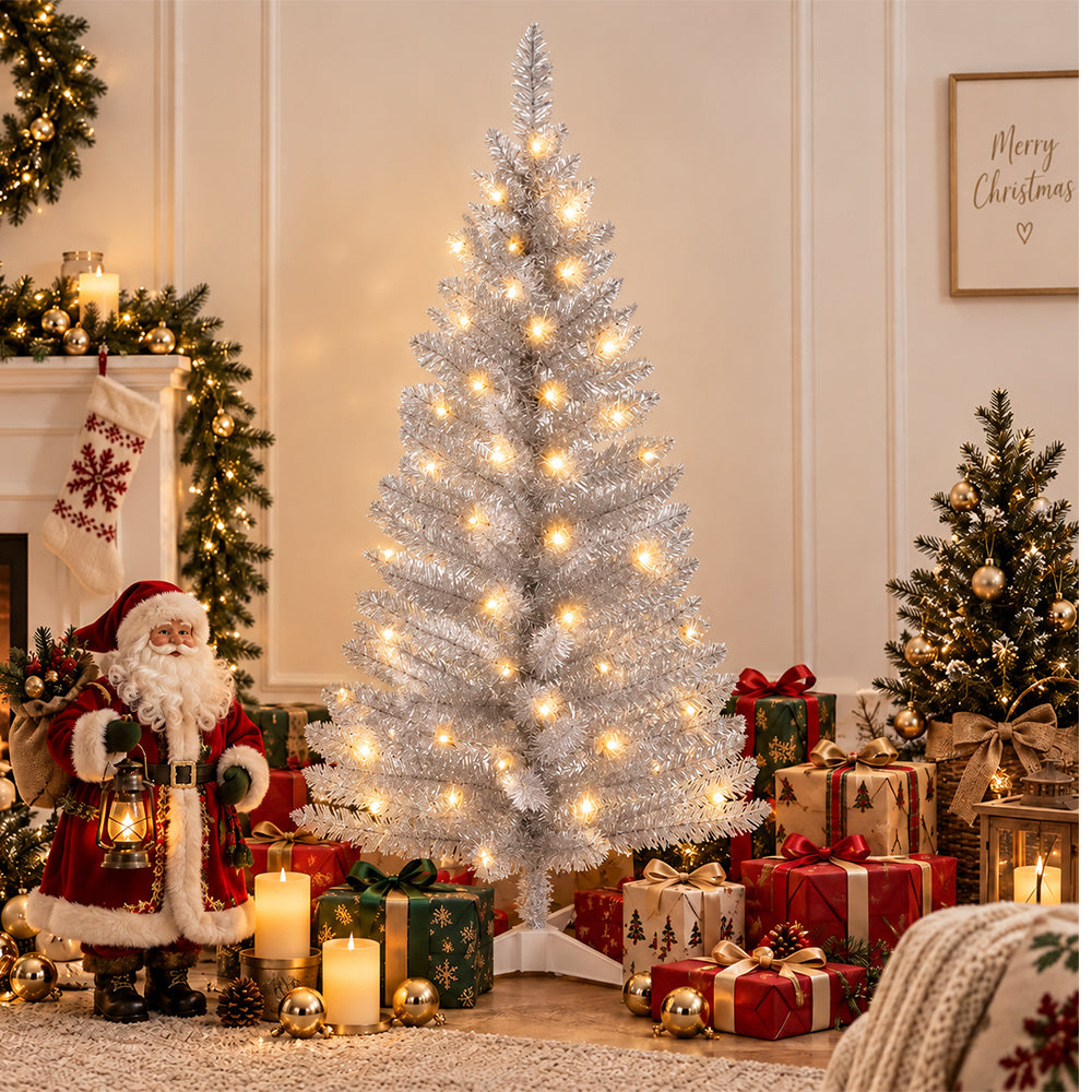 Cowin 4ft Artificial Christmas Tree,Pre-lit Tinsel Pine Spruce Tree, Small Xmas Tree for Home, Office and Party,Sliver